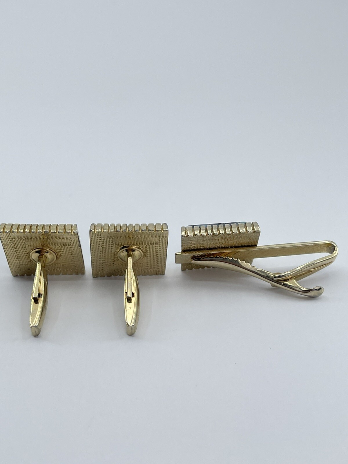 Cufflinks and Tie Clip Set concave glass rectangle gold tone
