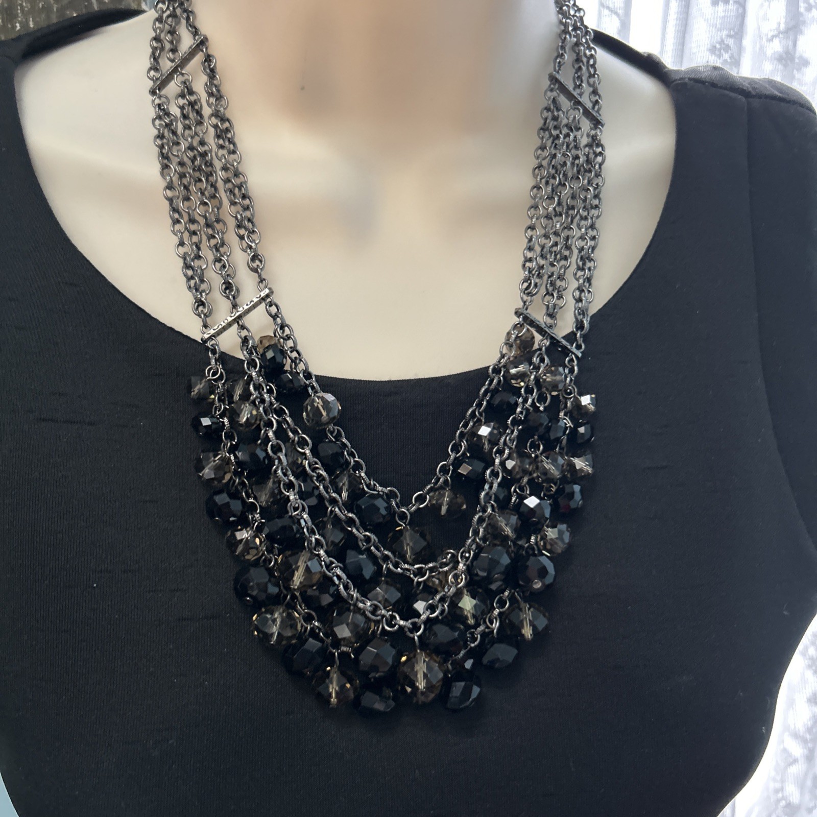 Designer NECKLACE Silver Toned 4 Strands Black/Clear Smokey Shiny Glass Beads