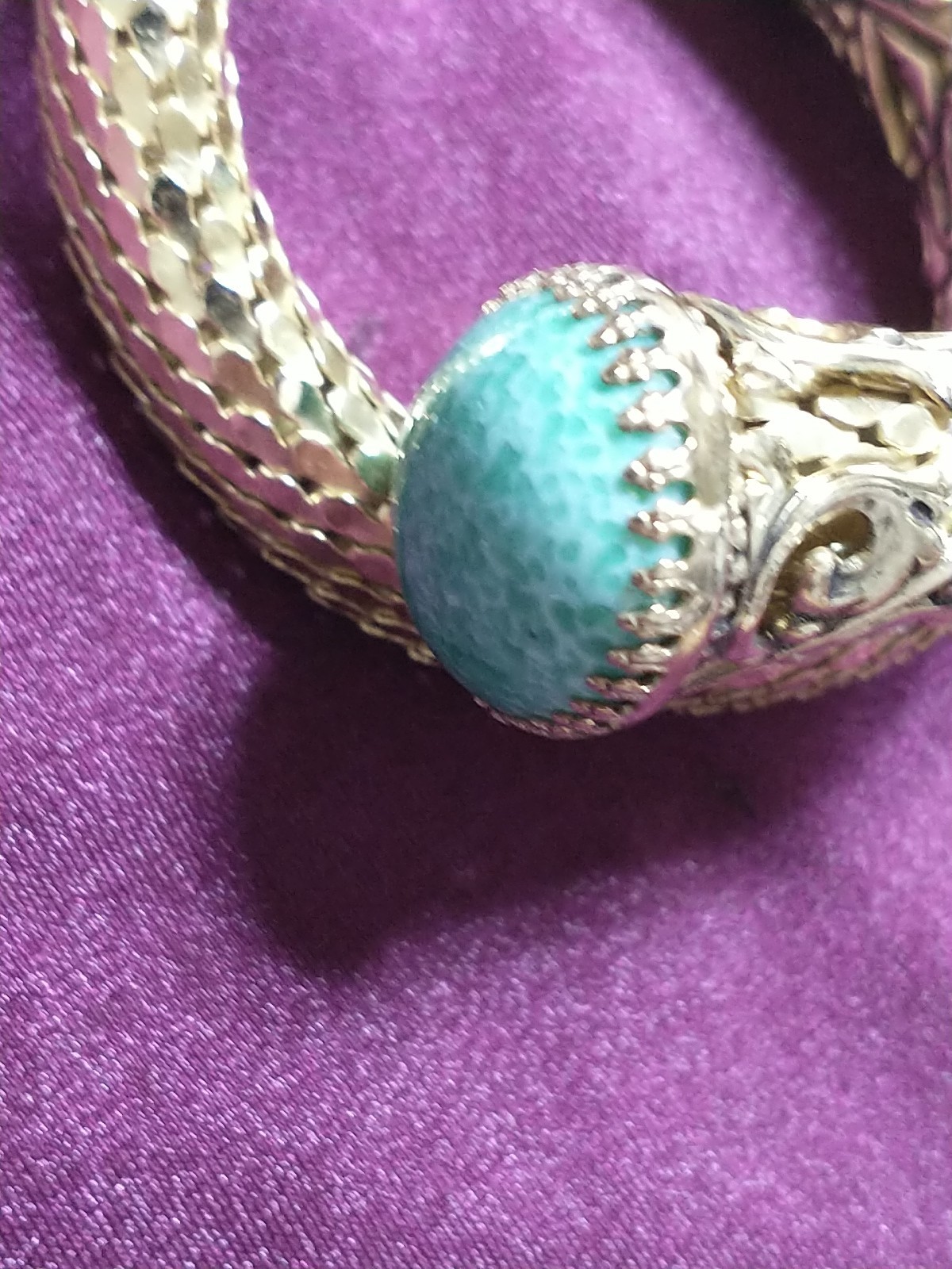 VINTAGE WHITING & DAVIS Mesh Snake Wrap Bracelet Green Peking Glass Cabochon