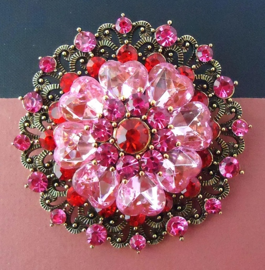 BIG PINK ROSE RHINESTONE ART DECO FLOWER BROOCH PIN~MOTHER’S DAY~BIRTHDAY GIFT