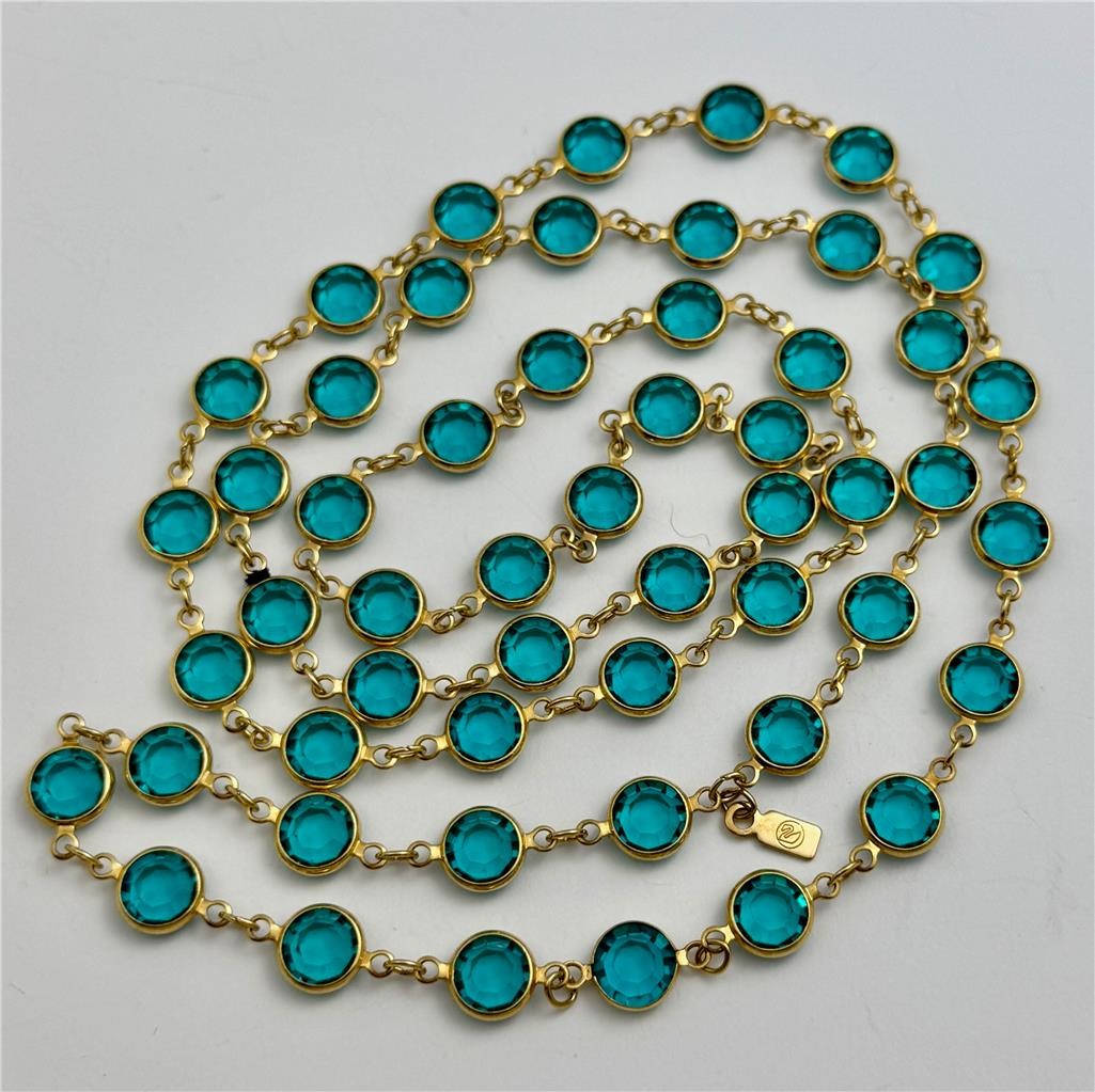 Vintage Swarovski Swan signed Teal Crystal Bezel Set Gold Tone Necklace 36″ L.