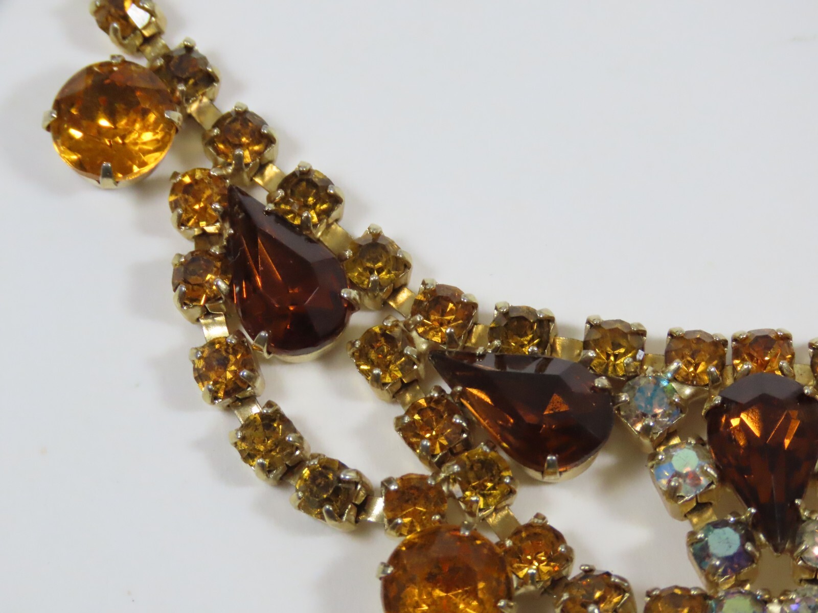 Rhinestone Necklace Golden Amber Brown Topaz AB Crystal VTG Exquisite D1652