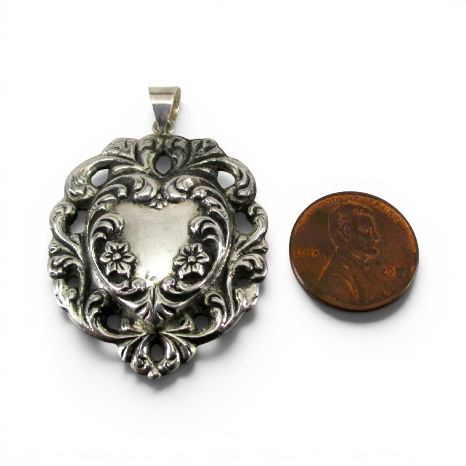 Sterlng Silver Large Lacy Heart Pendant Brown County Silver Vintage Floral