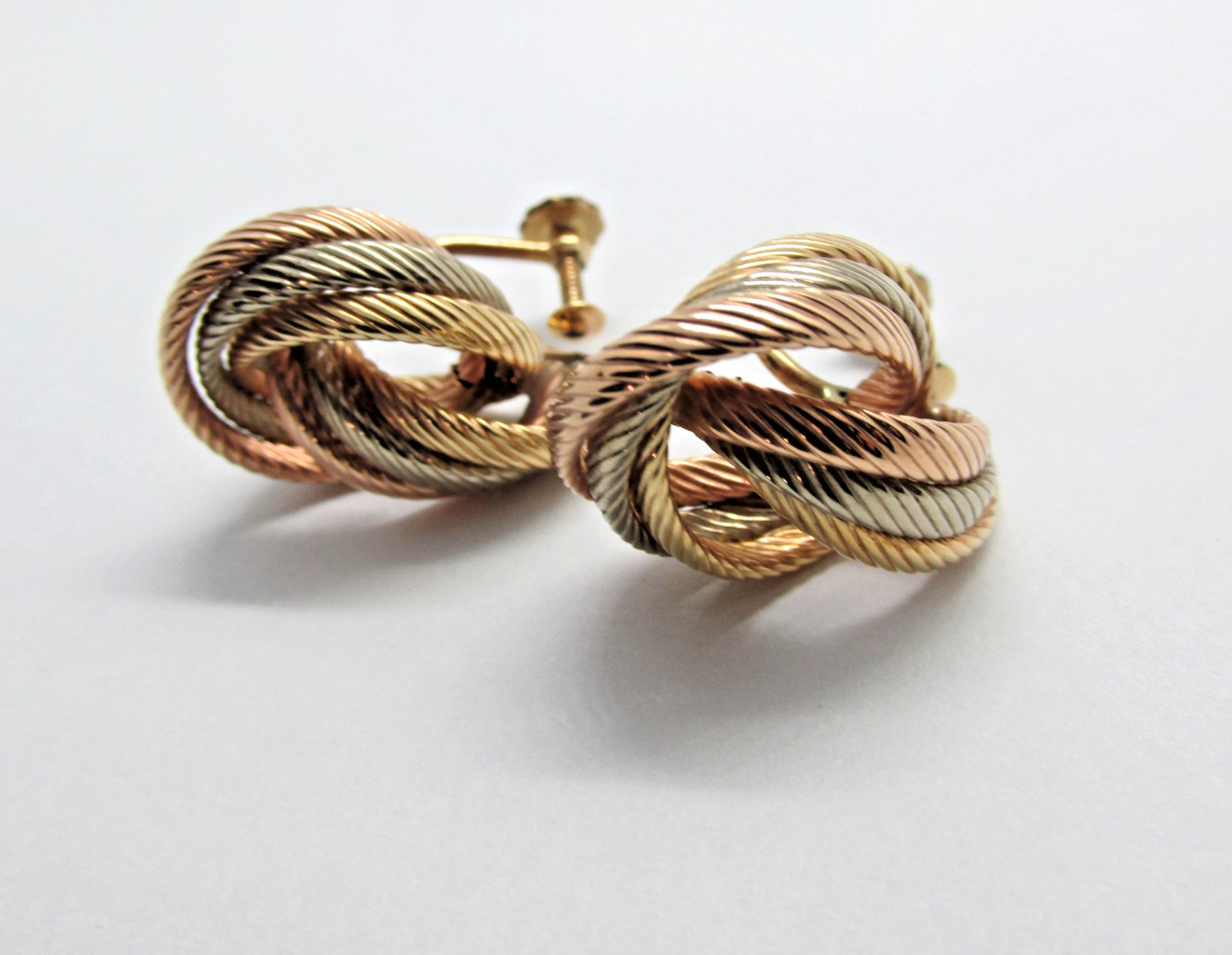 14K Gold Filled Tri Tone Knot Screw Back Earrings Classic Style 1″ -5.8 Grams