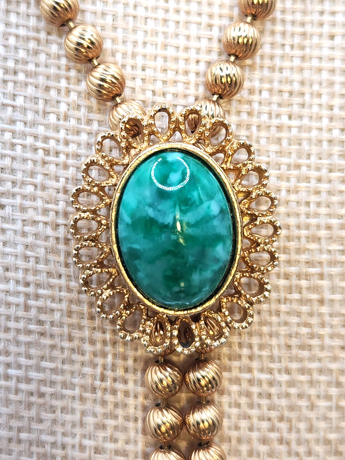 Vtg. Avon Gold Tone Faux Turquoise Lariat Bolo Necklace Adjustable Tassels 38″