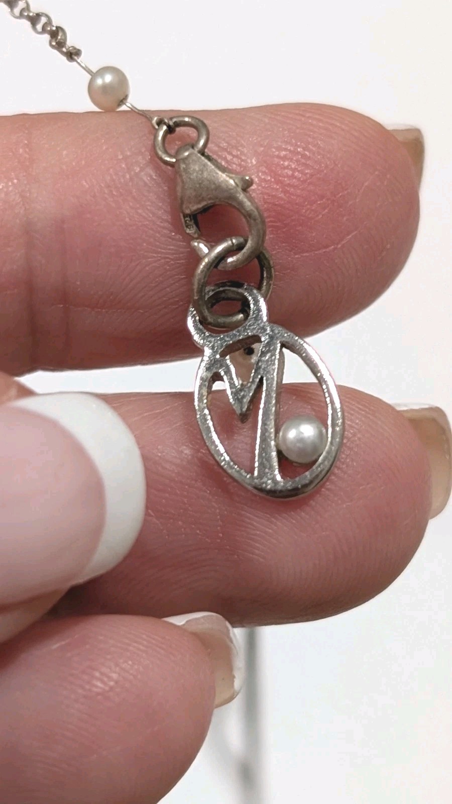 Designer Signed M Sterling Silver Crystal Faux Pearl Slide 18″ Necklace