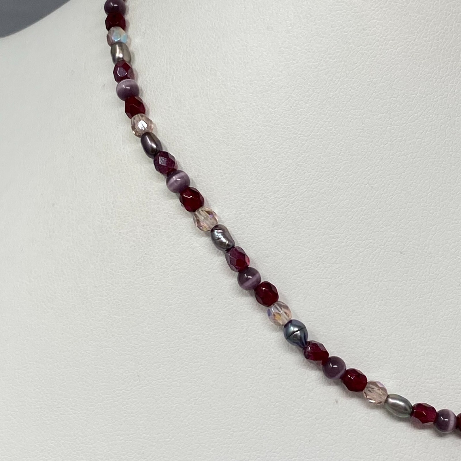 Red Pendant Necklace Teardrop Faceted Glass Purple Cats Eye Dainty Iridescent AB