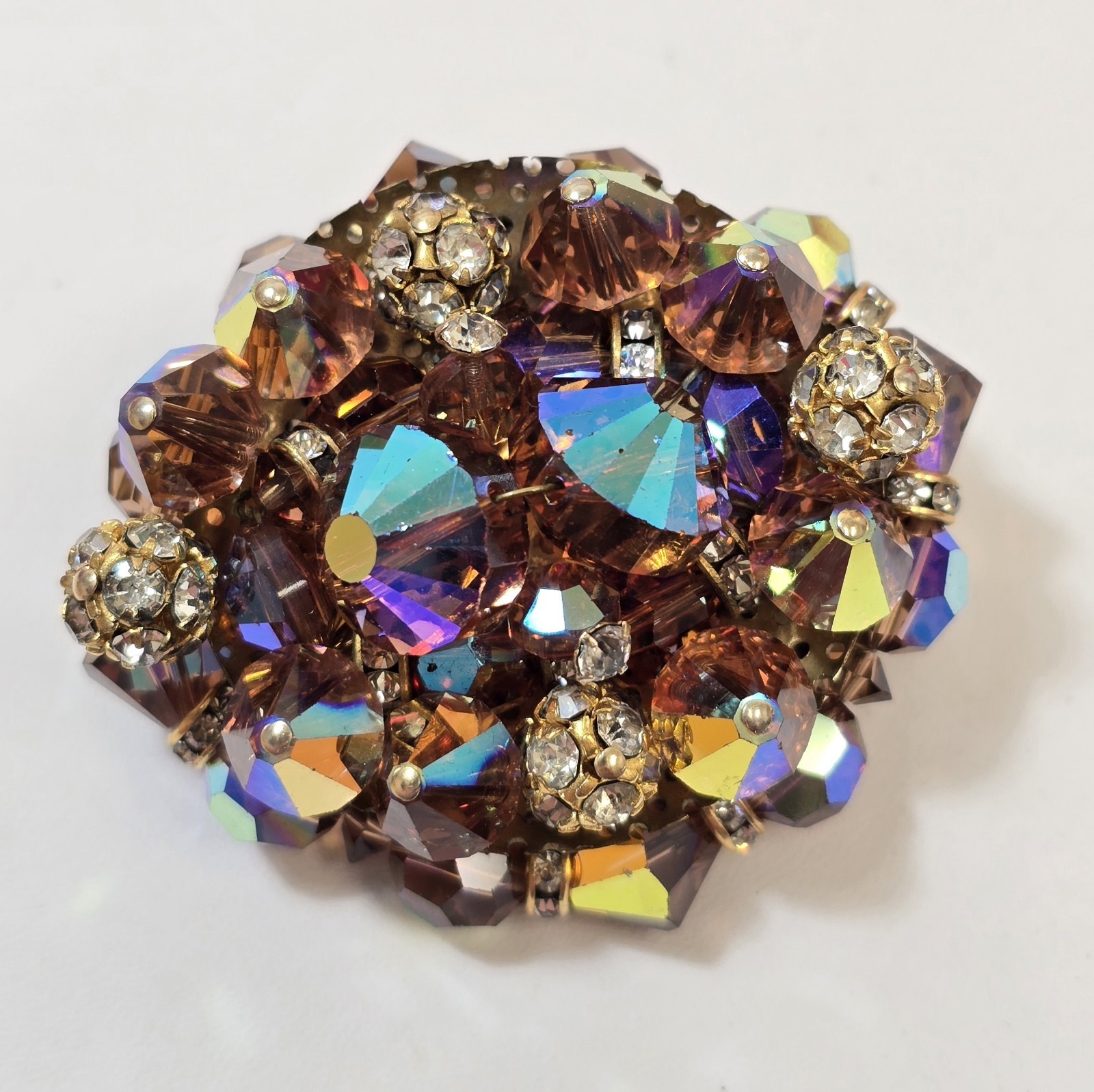 Vintage Large Clear Rhinestone Layered Dark Topaz AB Crystal Bead Brooch