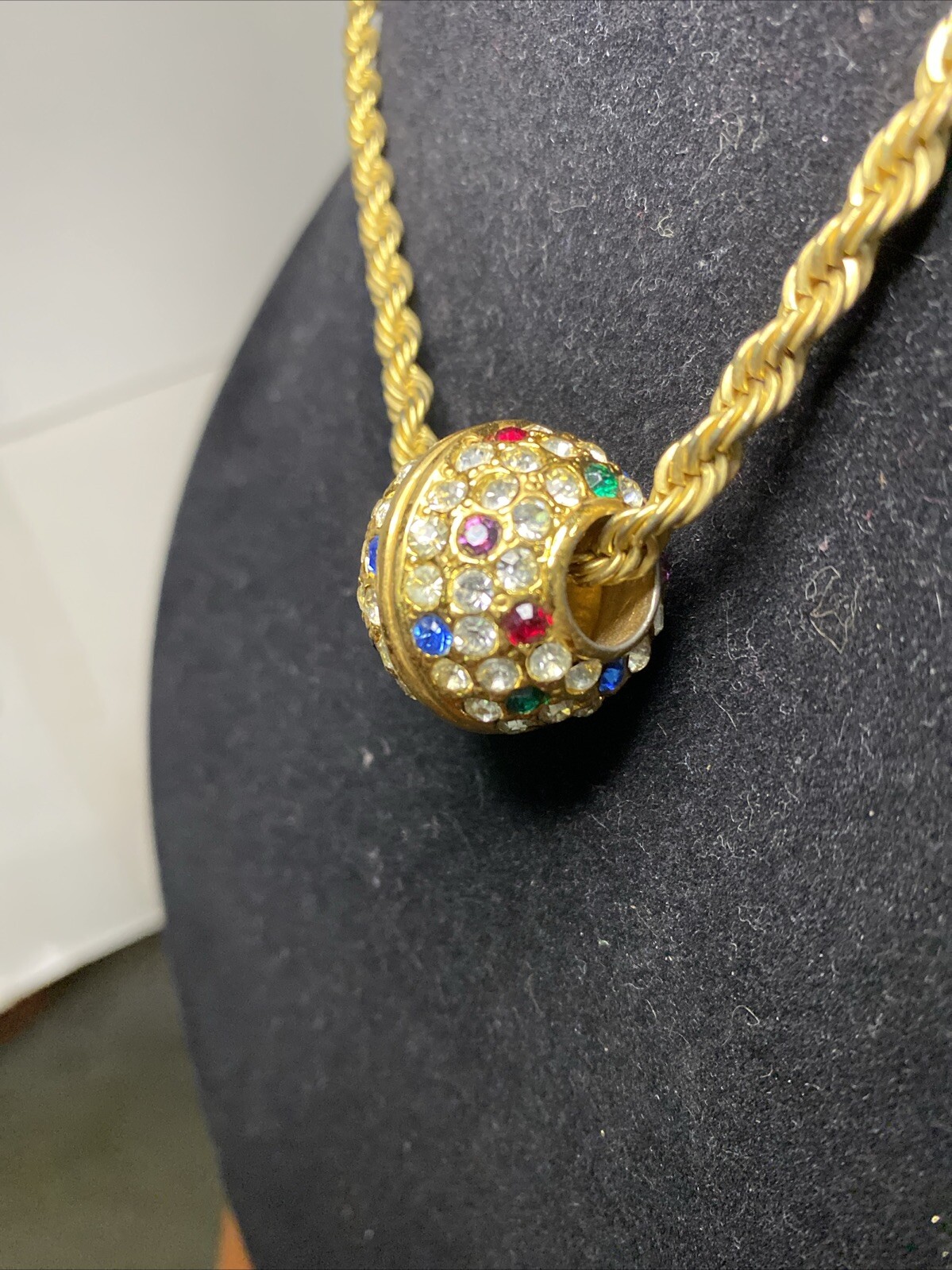 Vintage Big Gold Tone Crystal Rhinestone Ball Slide Rope Chain Necklace 28”