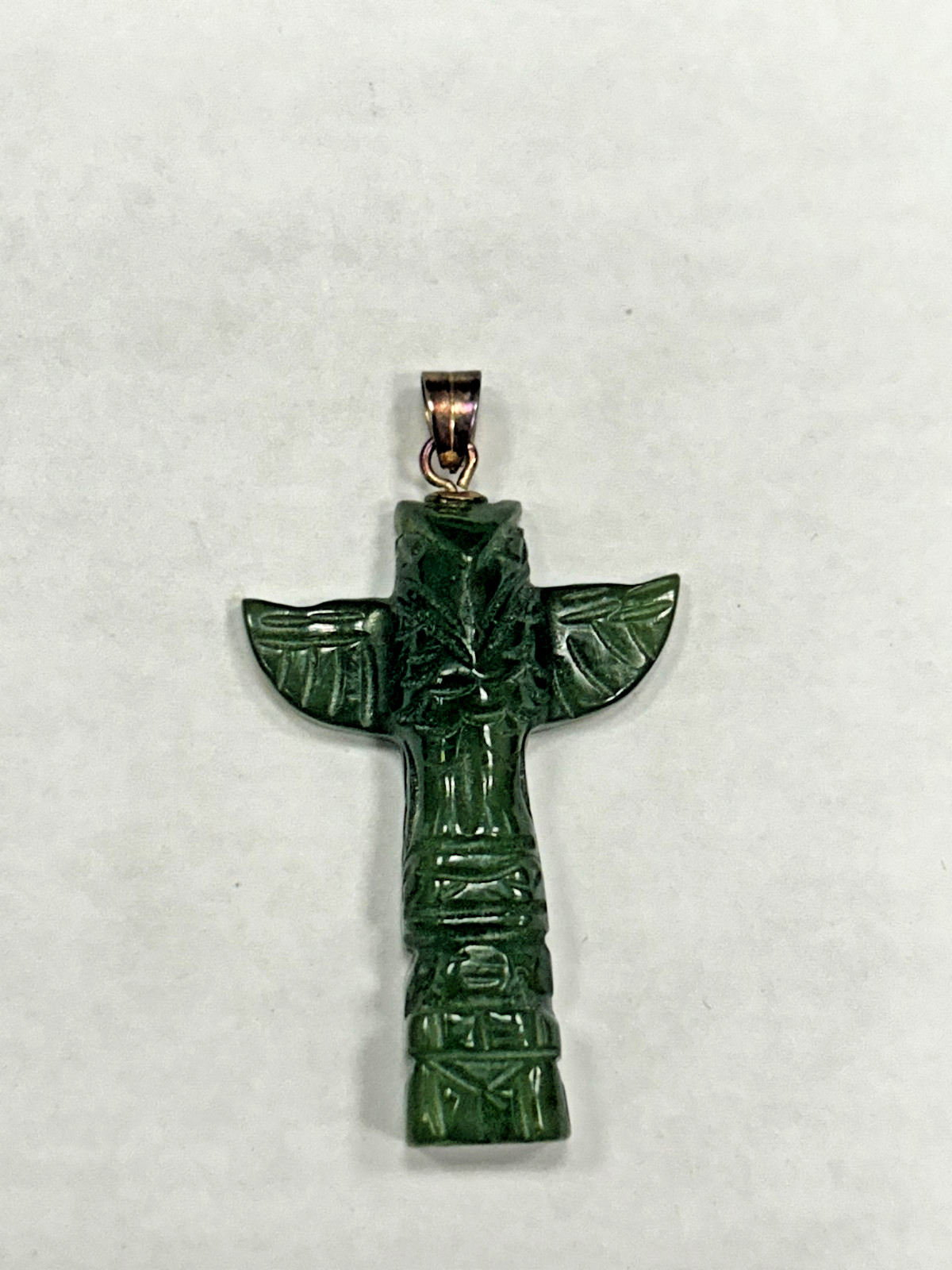 Vintage Hand Carved Jade Totem Pole Pendant Sterling Silver Bail