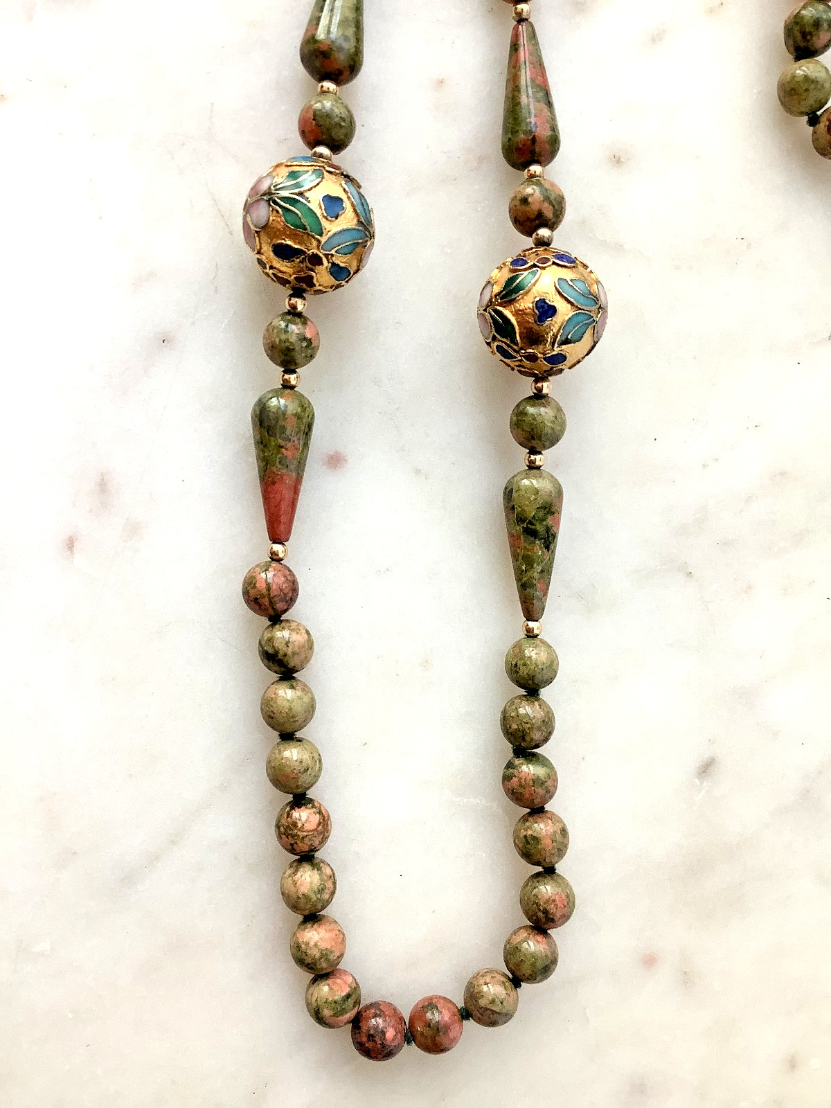 Vintage Beaded Necklace Chinese Champleve Cloisonne Jasper Opera Length 30″
