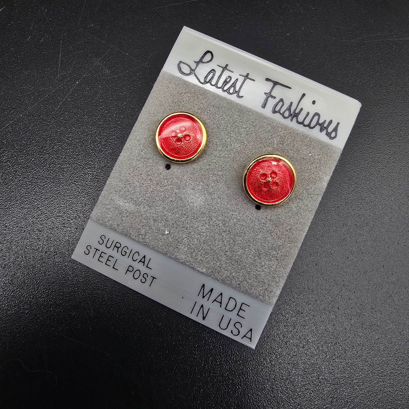 Coral Orange Enamel Button Stud Earrings Pierced Vintage 1980s 1990s NOS On Card