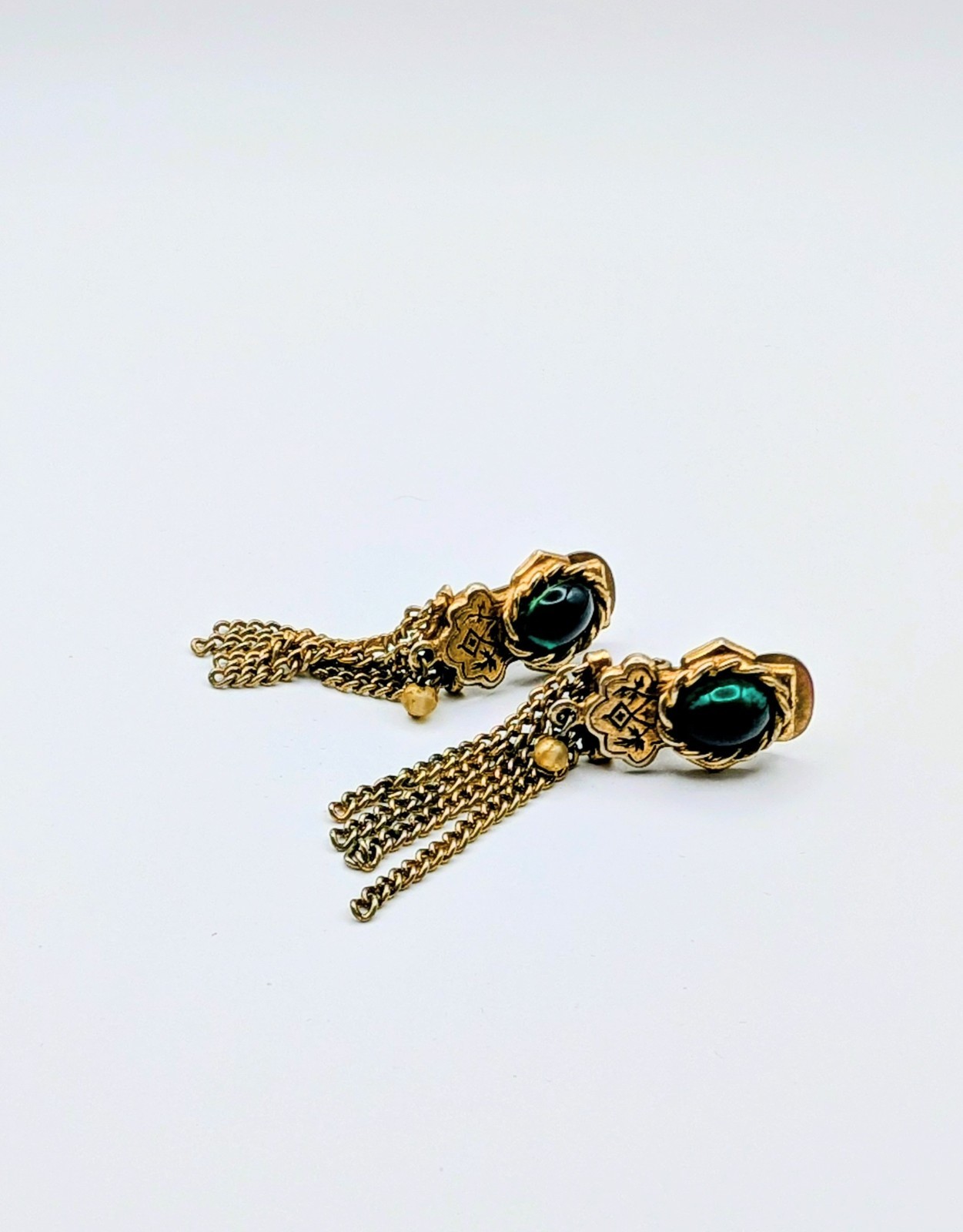Vintage 1960s Gold Tone Tassel Clip On Earrings With Green Cabochon