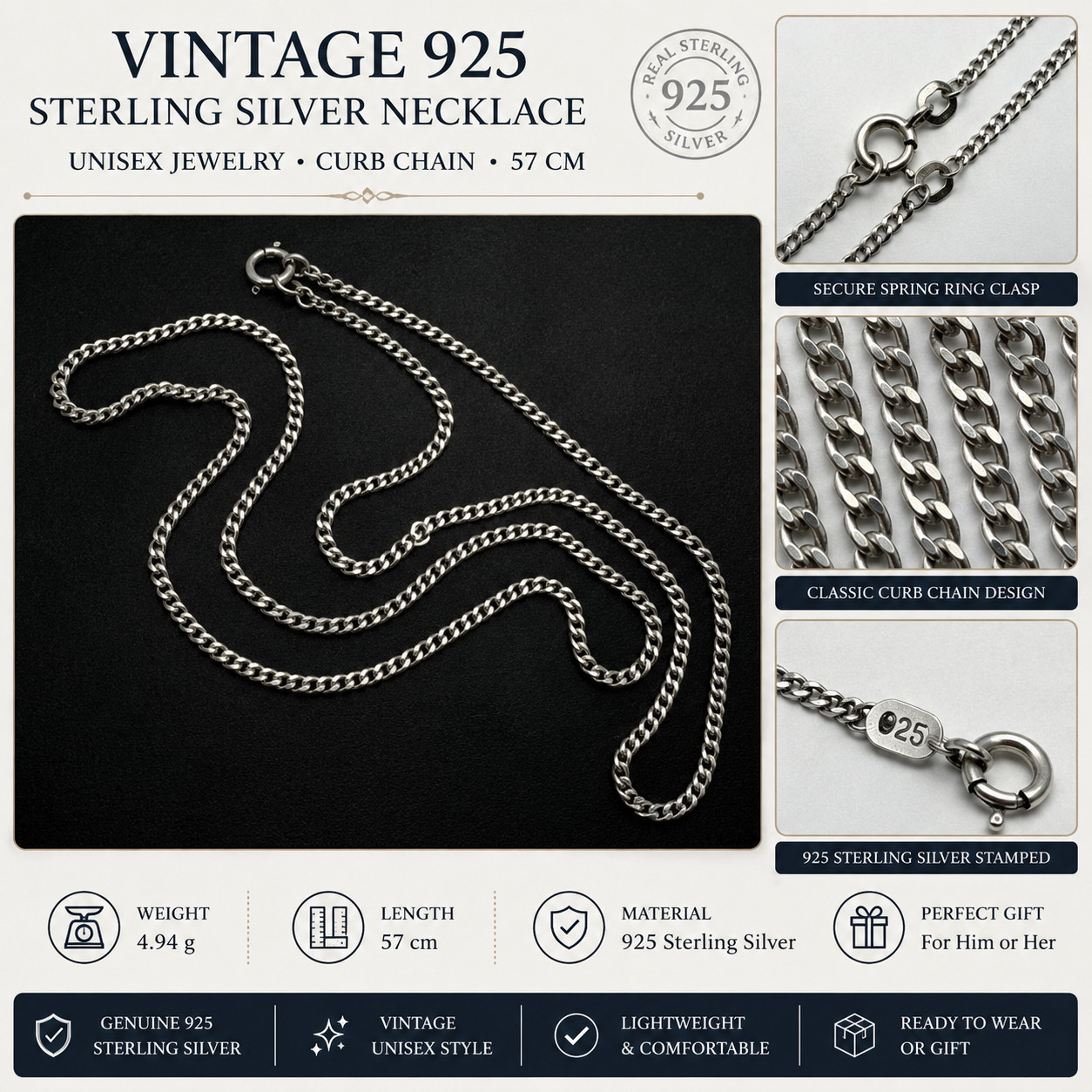 Vintage 925 Sterling Silver Necklace Unisex Jewelry Curb Chain 57 cm