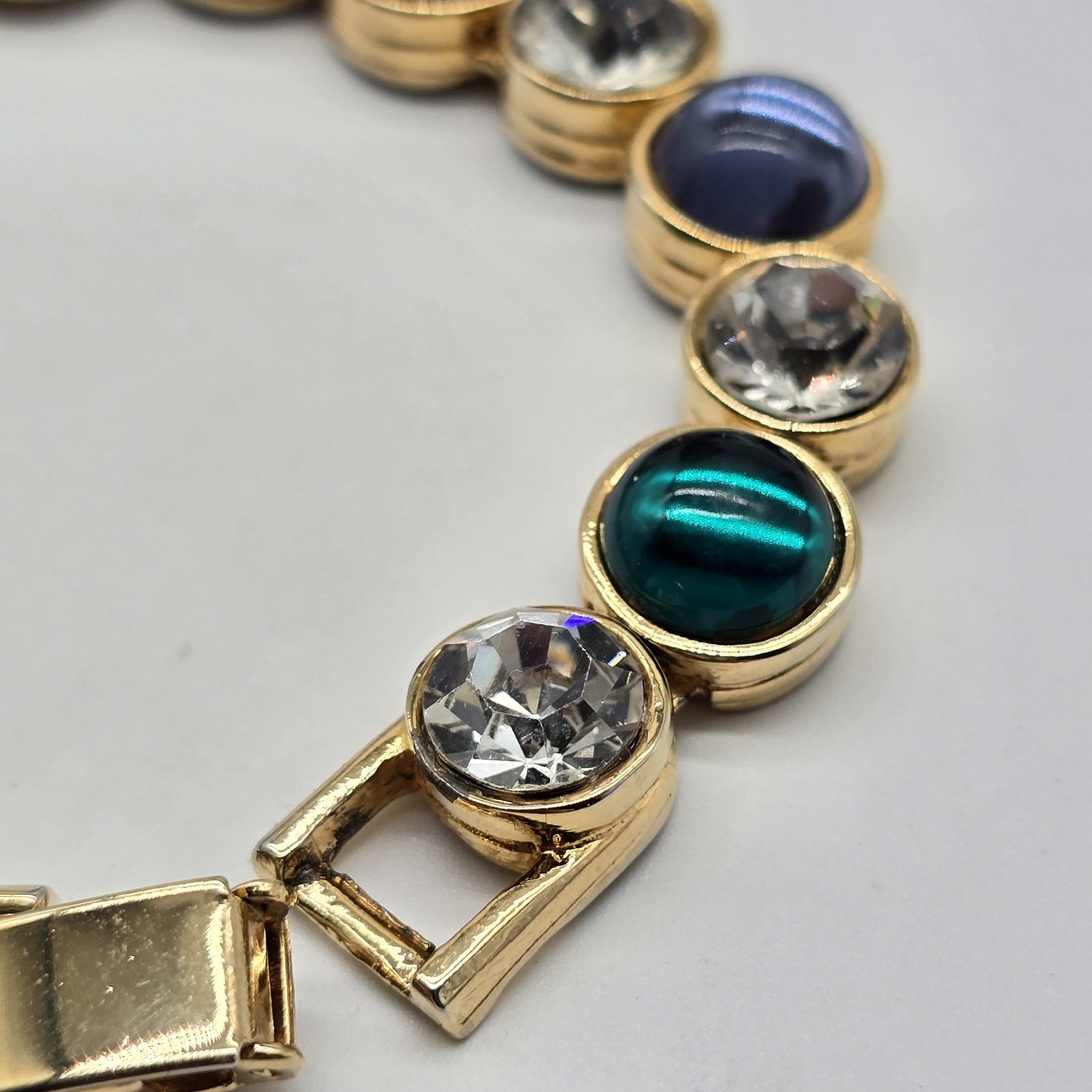 Vintage Les Bernard Bracelet Clear Rhinestones And Blue Green Purple Cabochons