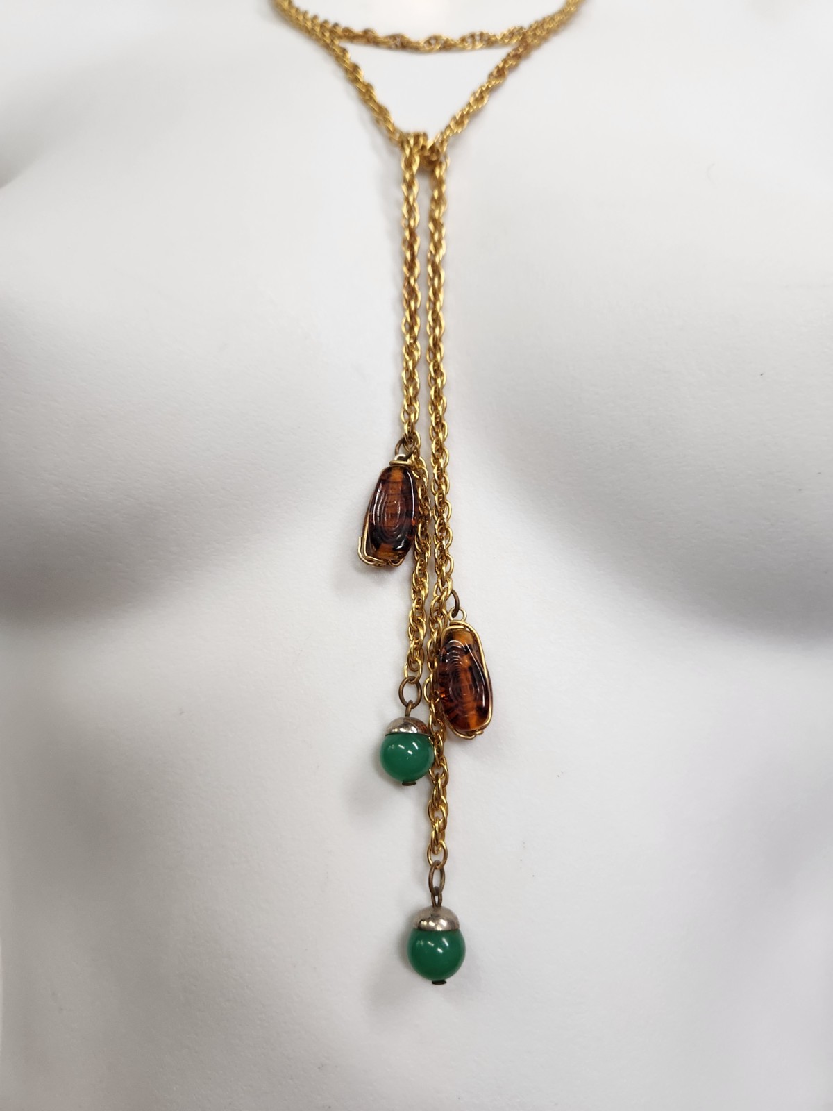 VTG Long Gold Tone Faux Agate & Chrysophase Beads Convertable Lariat Necklace