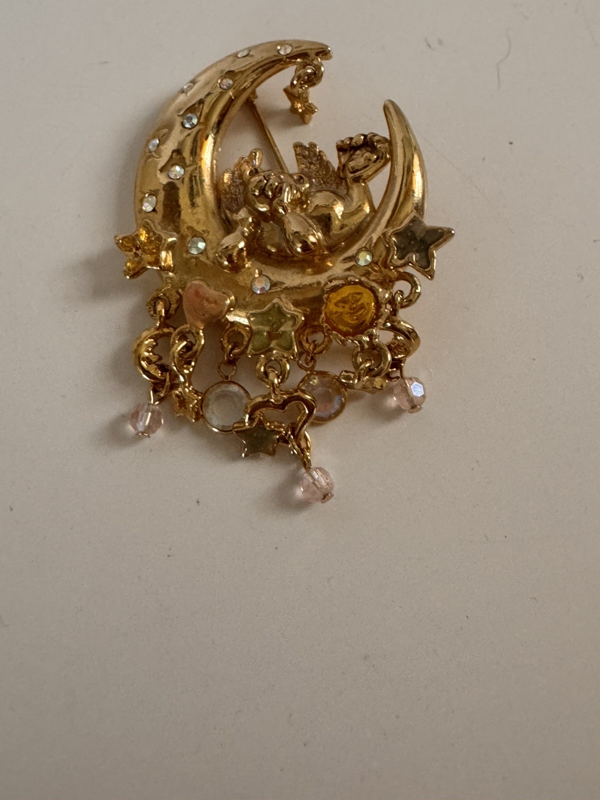 Vintage Kirks Folly Angel Cherub Moon & Stars Crystal Gold Tone Brooch Pin 2.5″