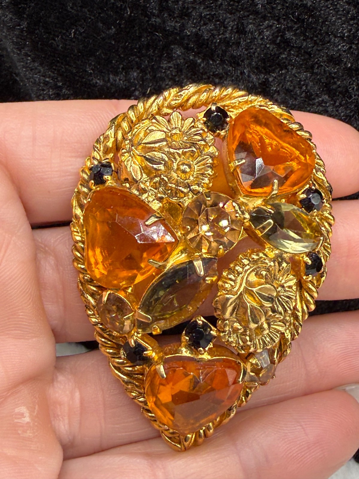 Vintage Rhinestone Brooch Orange Domed Fall Autumn