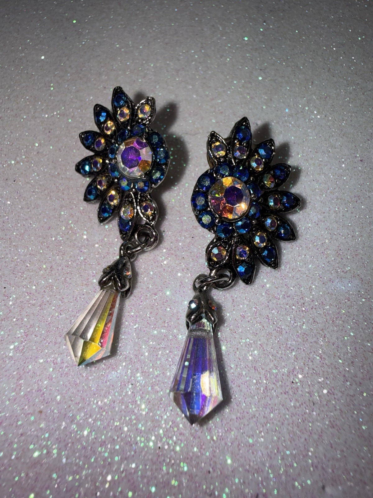 Vintage AB Rhinestone Dangle Drop Earrings Pierced Silver Tone
