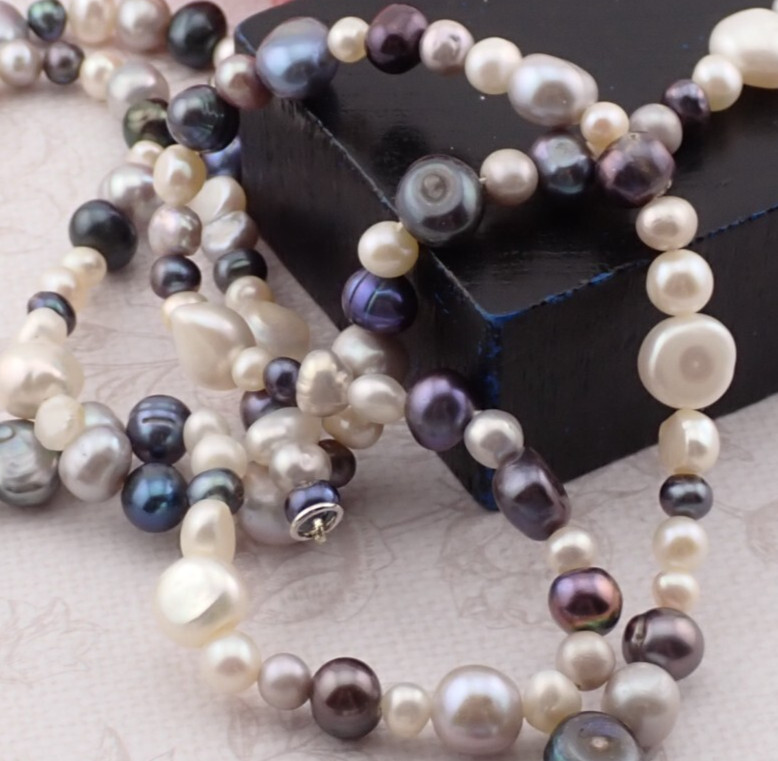 Vintage CGI Sterling Clasp 35″ Assorted Sizes Gray White Cultured Pearl Necklace