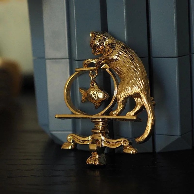 Vintage Cat Fishing Brooch Pin Gold Plated Animal Jewelry for Women