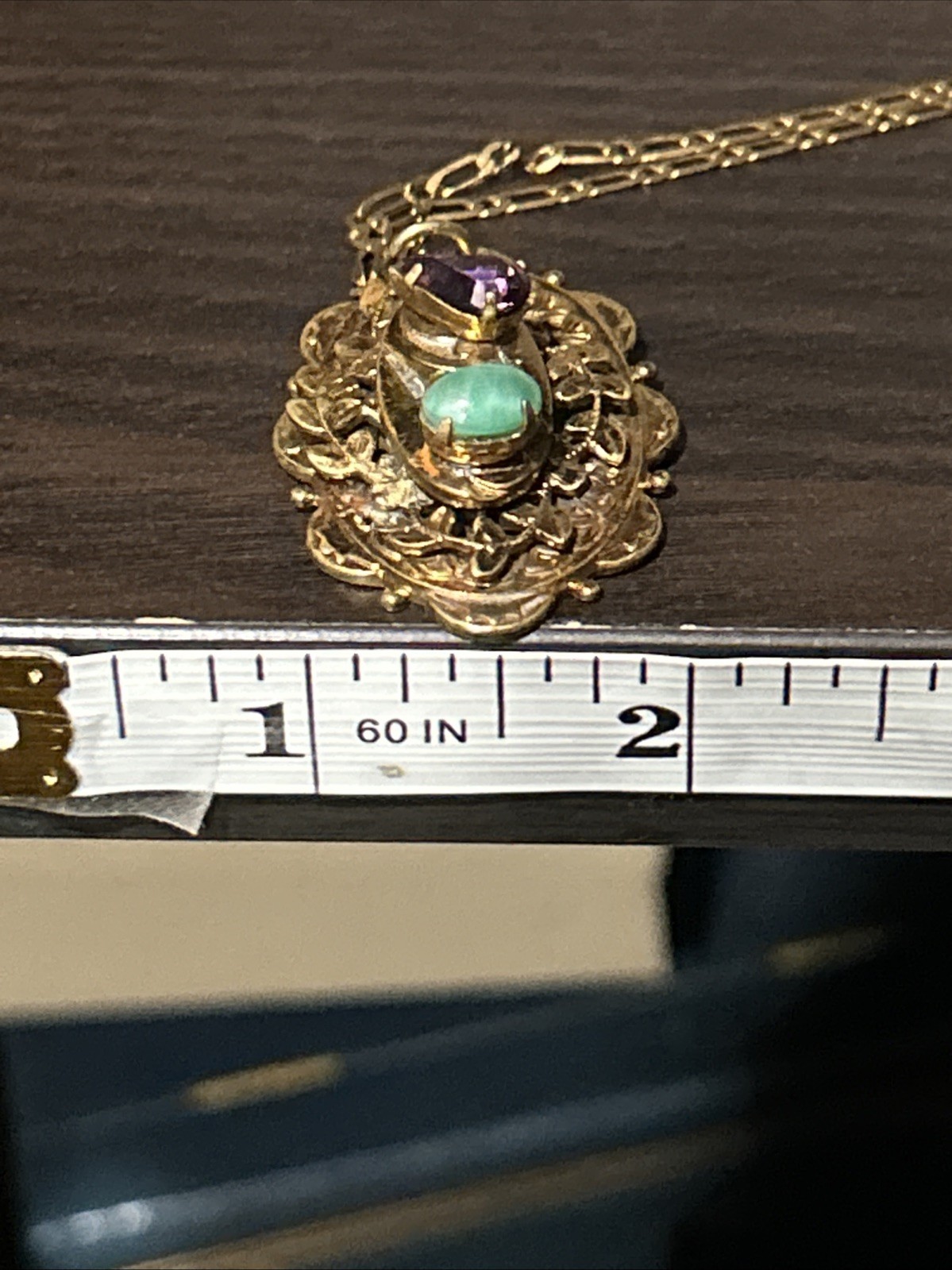 Vintage French Stamp Gold Plate Necklace Art Deco Purple Green Stones Pendant