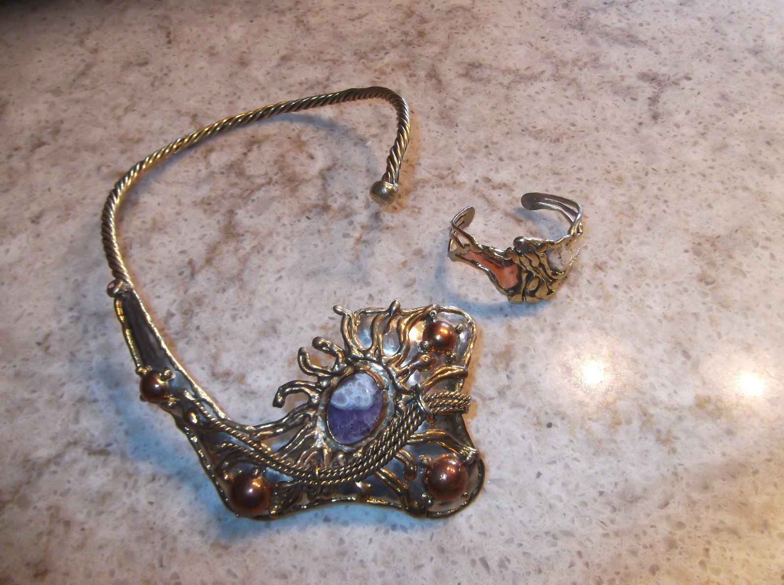 Vintage Brutalist Modernist Mixed Metals Collar Statement Necklace & Bracelet