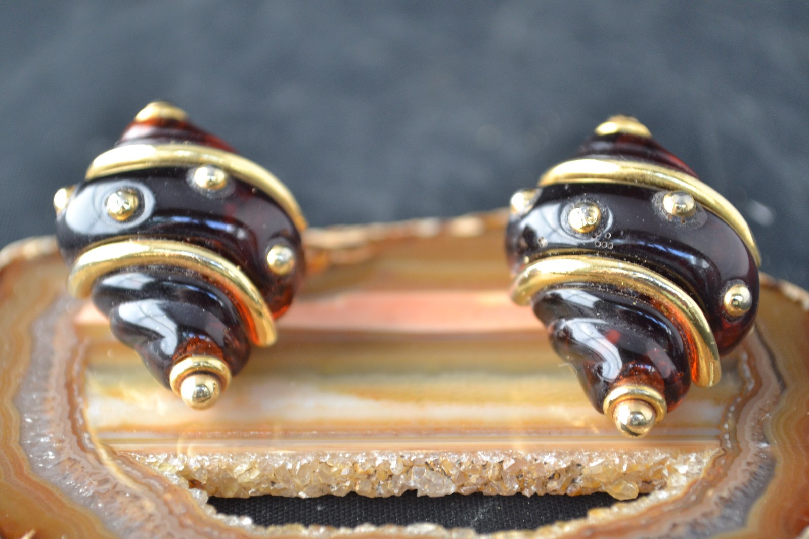 Kenneth Jay Lane KJL earrings clip on seashell Honey Amber color Lucite gold ton