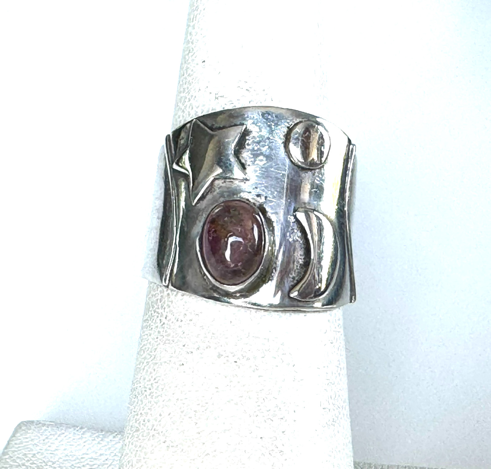 Vintage 925 Sterling Silver Wide Band Ring Pink Cabochon Star Sz 5.5