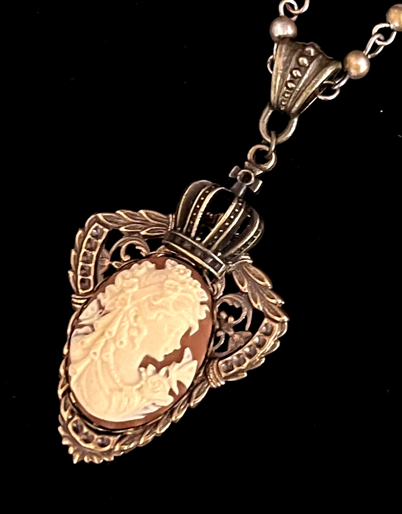 Victorian Revival Necklace Goddess Cameo Crowned Filigree Pendant