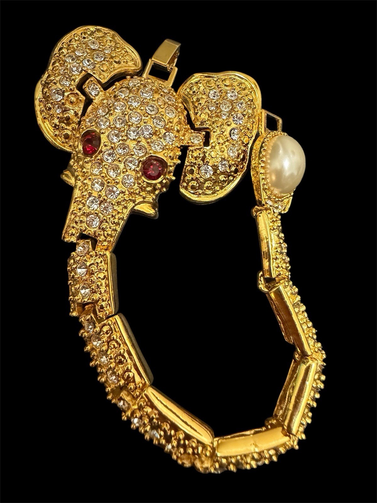 NOS Vintage Elephant Bracelet Gold Tone With Pave Crystals And Red Eyes