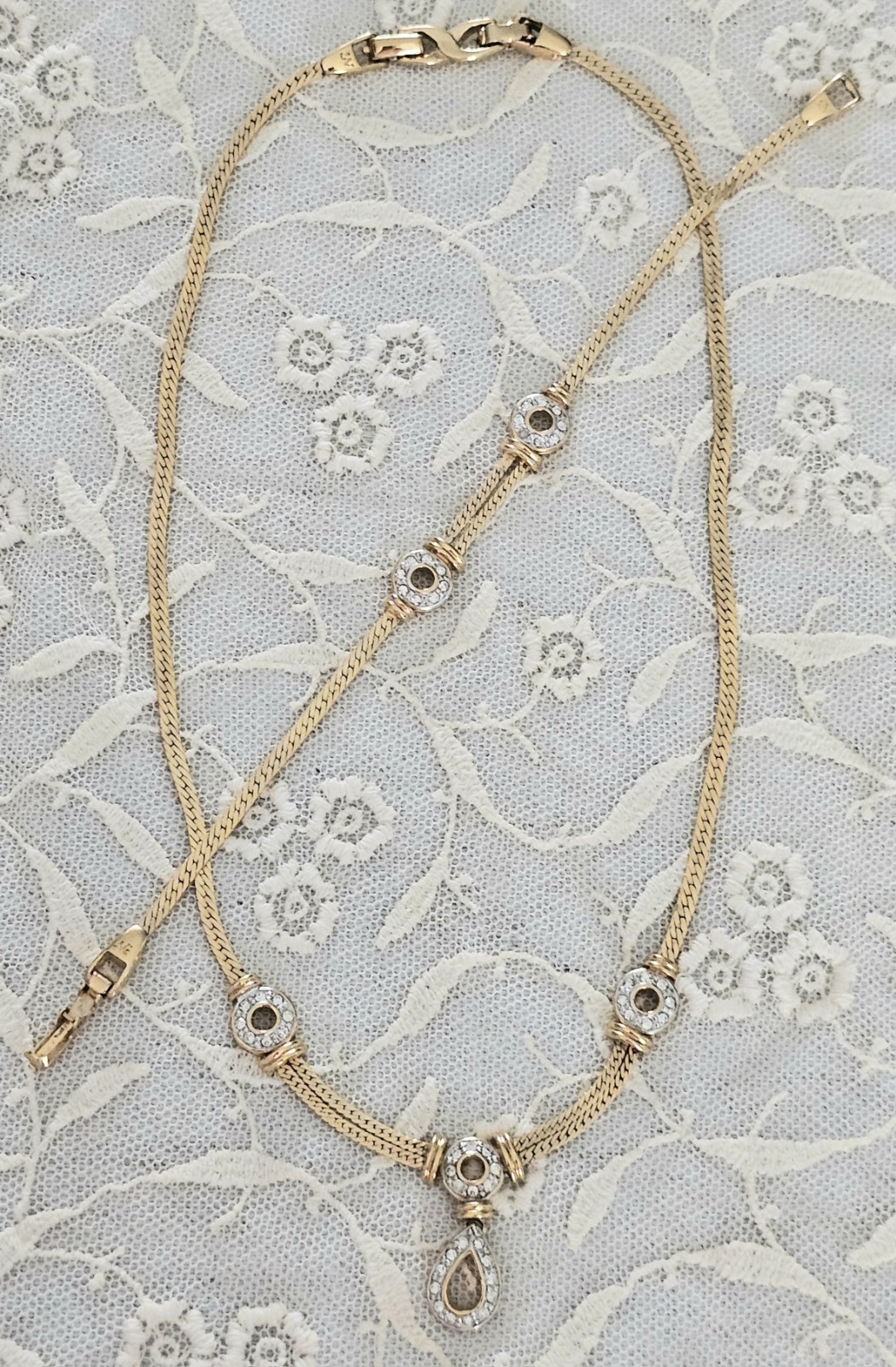 Vintage Nina Ricci Gold Tone Rhinestone Elegant Design Necklace & Bracelet