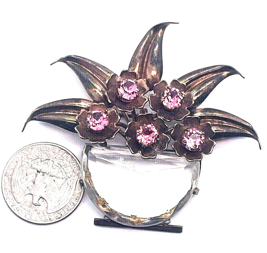 RARE Sterling Glass Jelly Belly Flower Pot & “Plant” Rose Pink Rhinestones