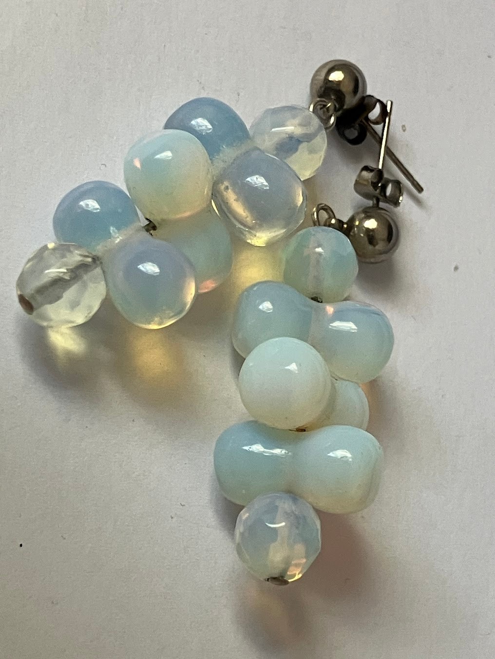Vintage Opaline Glass Beaded Earrings Pierced Post Iridescent Cluster Dangle