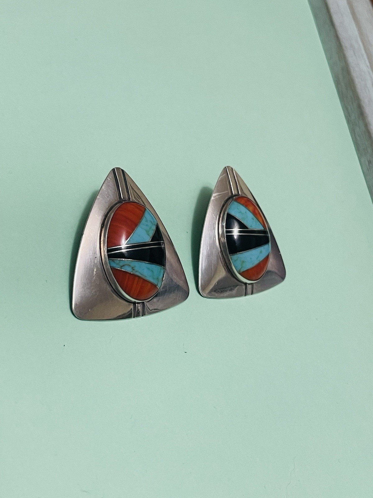 N/A? Zuni Style Mosiac Sterling Silver Earrings Clip-on Large Vintage/Retro 20g