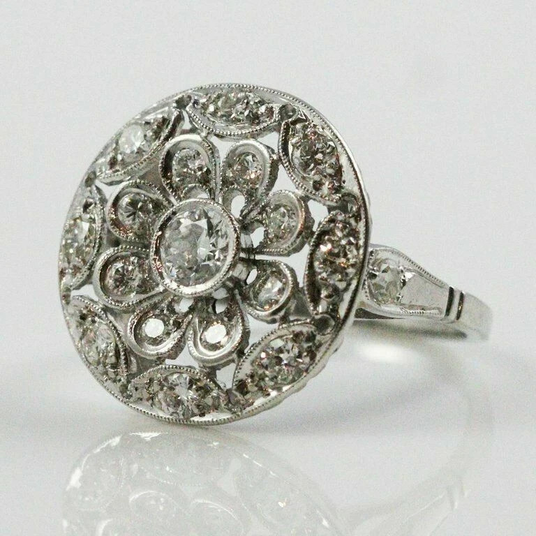Art Deco Style Floral Round Lab Created Diamond 14K White Gold FN Wedding Ring