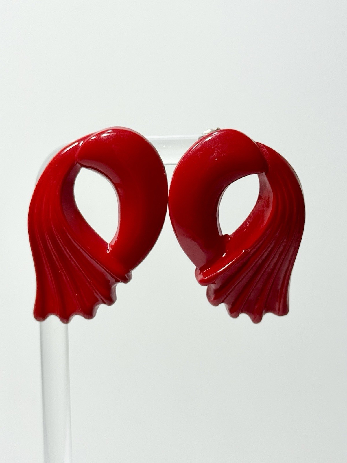 VTG Red Acrylic Resin Sculptural Abstract Modernist Earrings Pin Back Closure