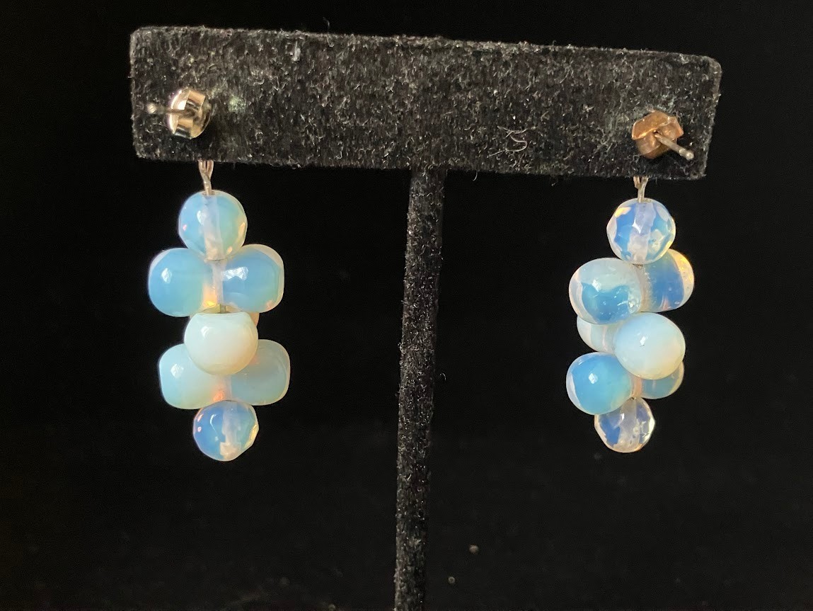 Vintage Opaline Glass Beaded Earrings Pierced Post Iridescent Cluster Dangle