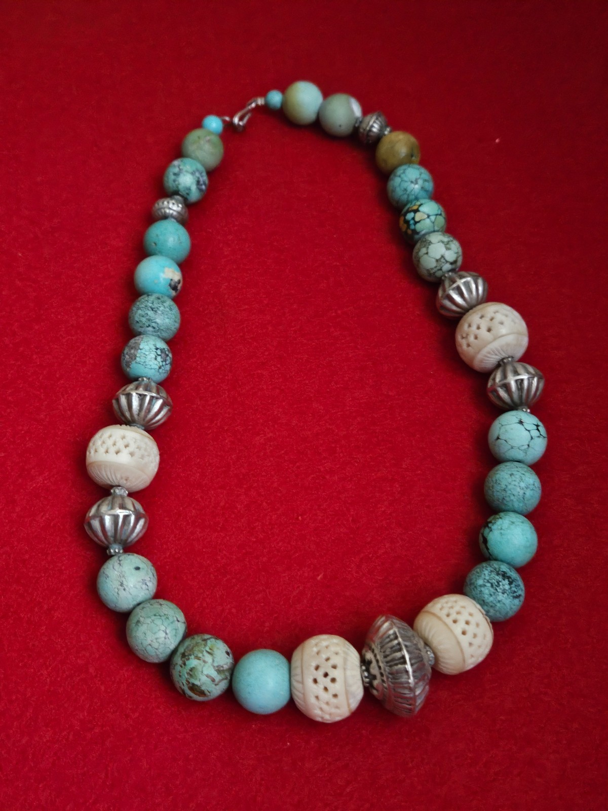 Vintage Tibetan Style Turquoise Necklace with Silver & Carved Bovine Bone Beads