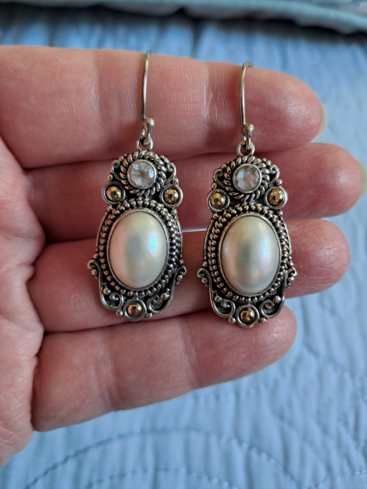 Vintage 18k Sterling Silver Pearl Robert Manse Designs Bali Style Earrings