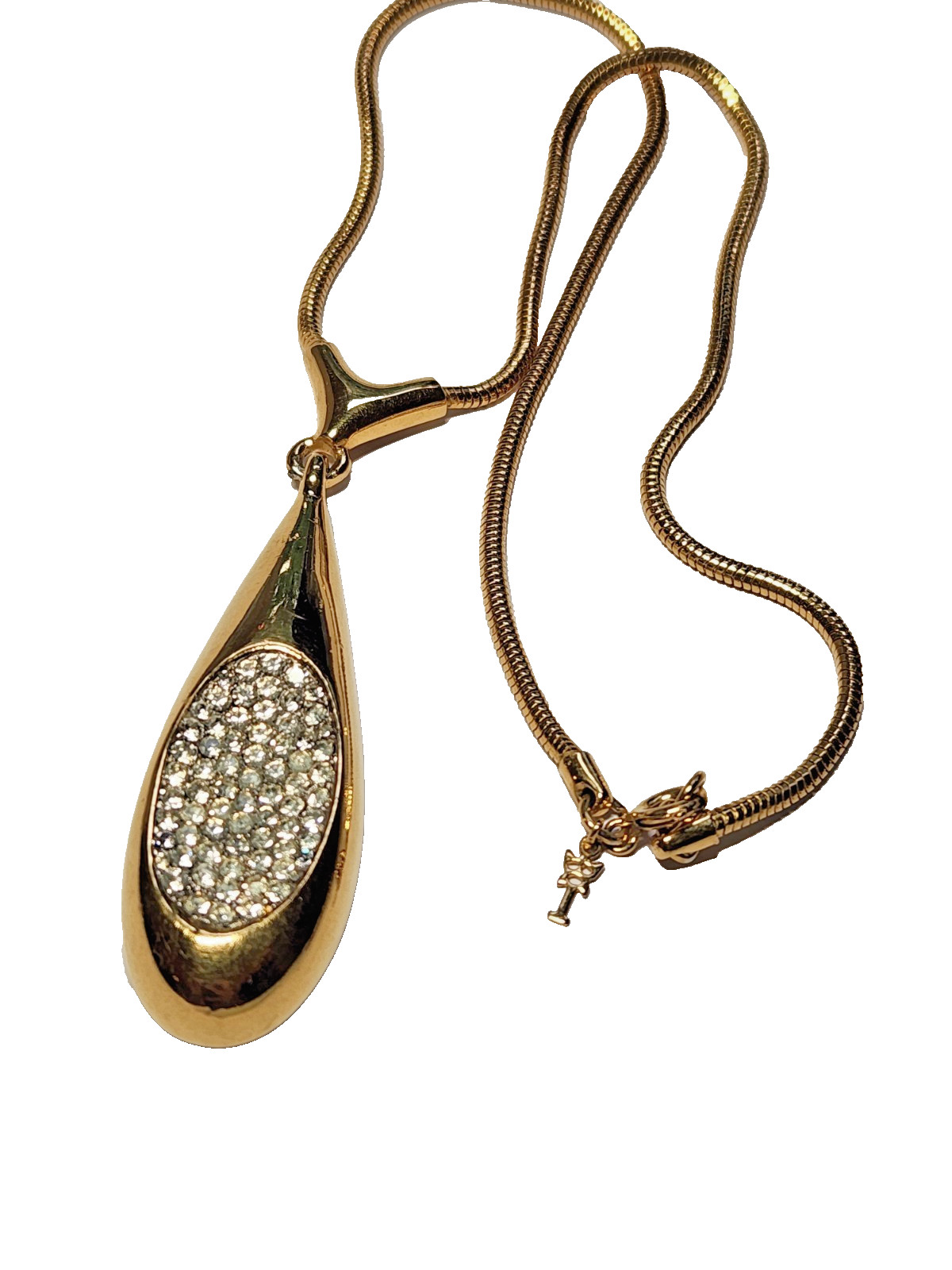 Vintage Trifari Pave Rhinestone Teardrop Pendant Necklace Gold Tone Snake Chain