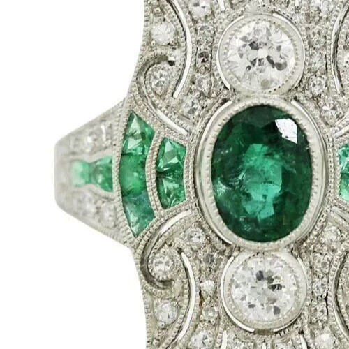 Art Deco Oval Emerald & Lab Created Diamond 14K White Gold FN Anniversary Ring