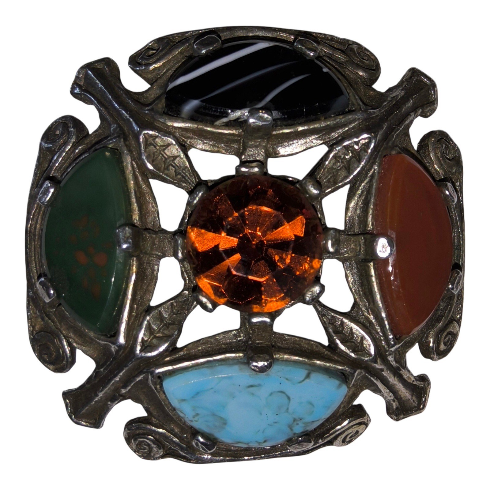 Vintage Miracle Celtic Brooch Scottish Agate Style Glass/Rhinestone Multicolor