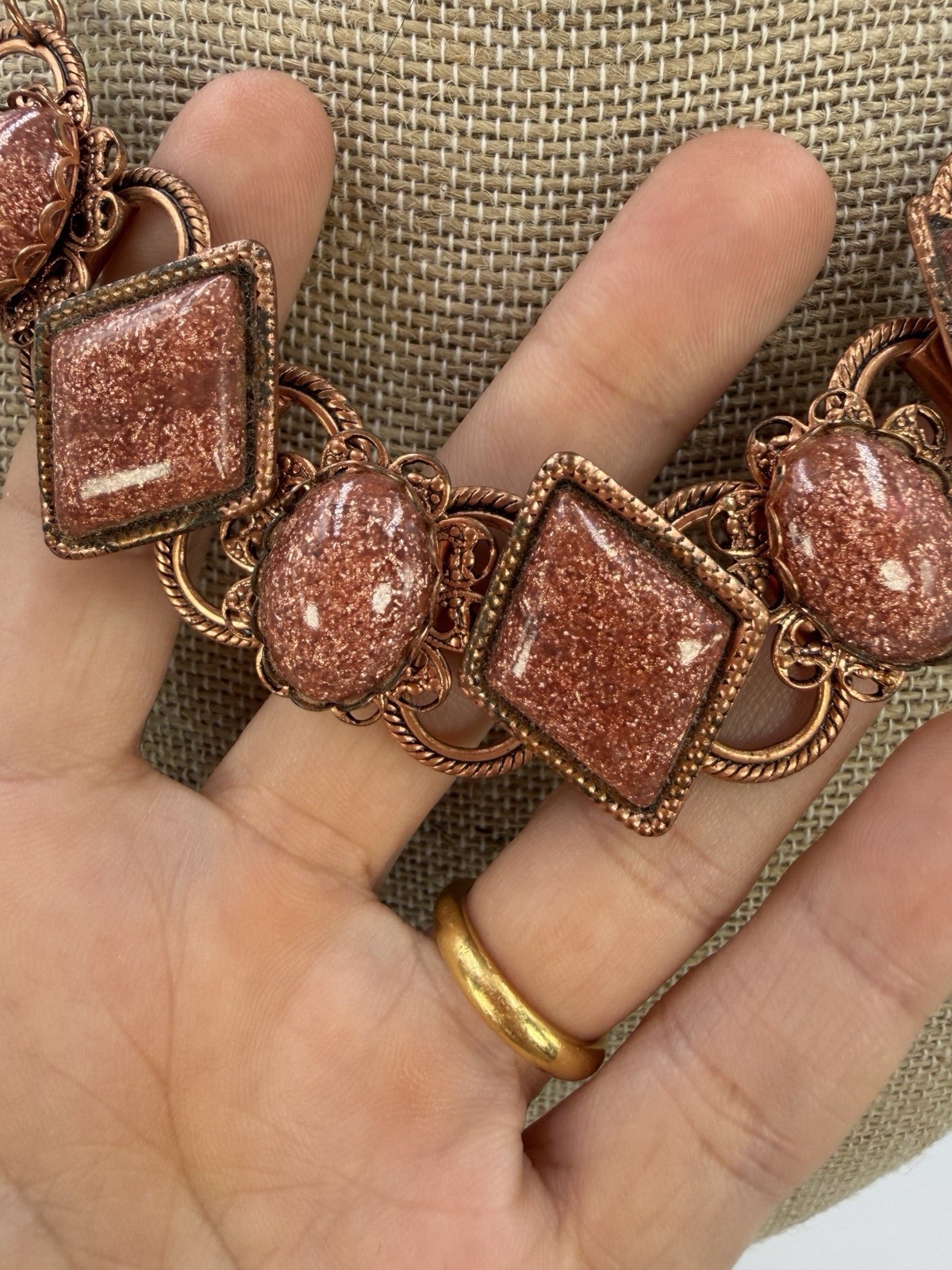 Vintage Necklace Copper Collar Sandstone Goldstone Sparkle Statement 16 inches