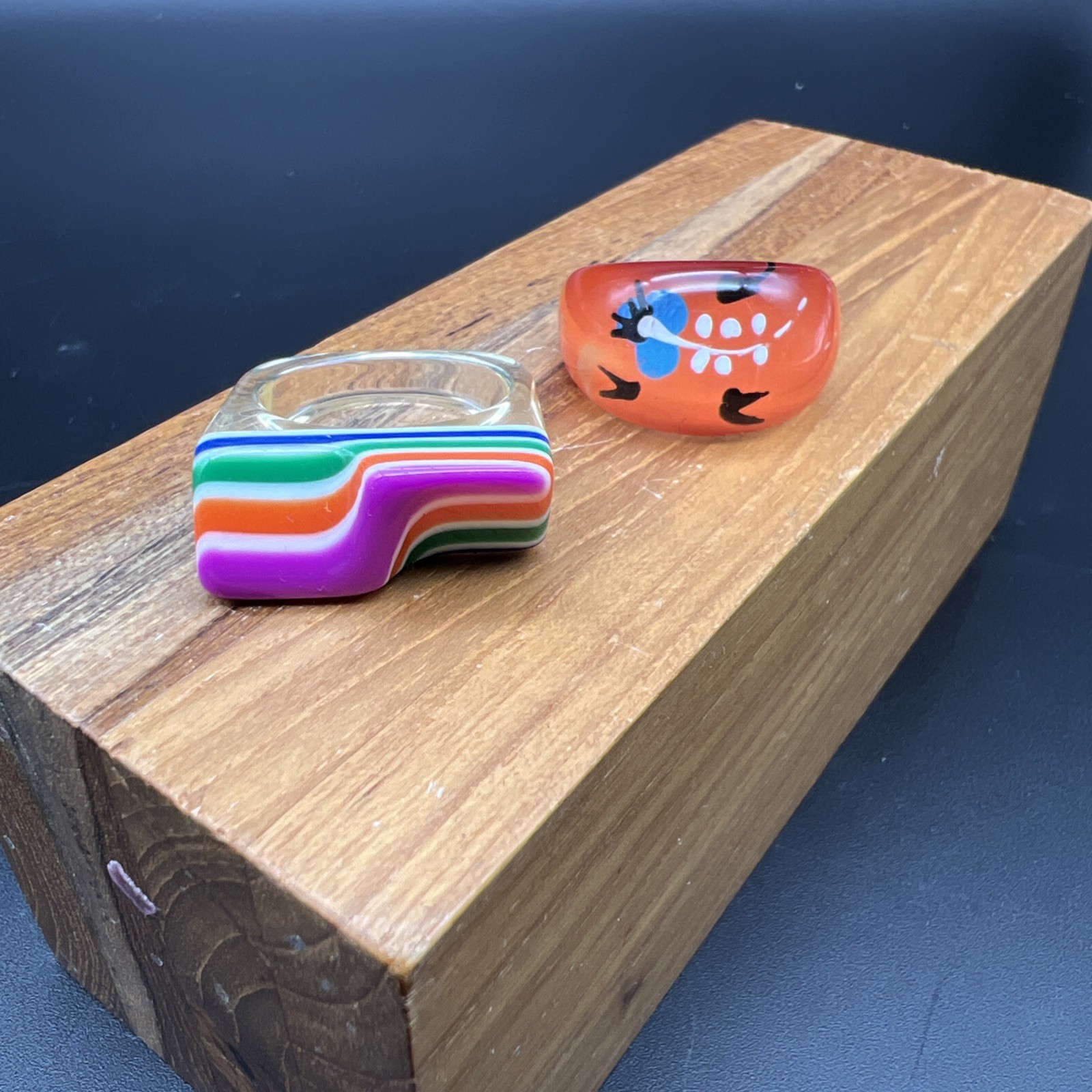Acrylic/Resin Rings/Multi Stripe (8) and Orange w/Floral Design (9) /70s Style