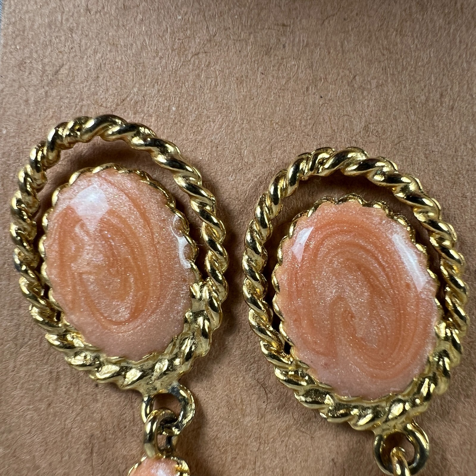 Vintage Earrings Fashion Jewelry Retro Peach Swirl Costume Stud Dangle Oval Used