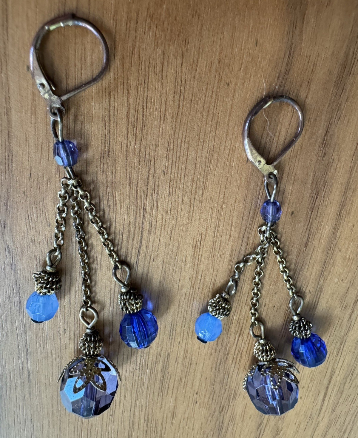 VTG MCM Lucite Earrings Faux Amethyst Sapphire ChalcedonyBrass Lever Back Boho
