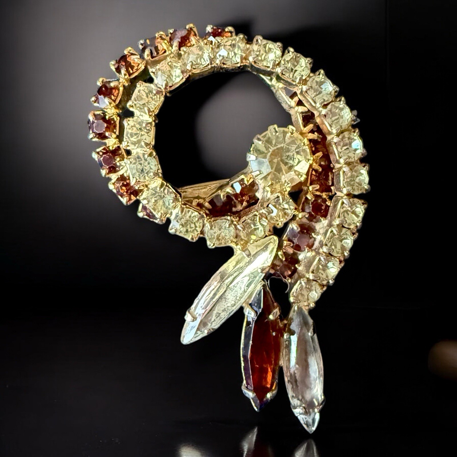 Rhinestone Spiral Brooch Amber Clear Navette Mid Century Modern Vintage Pin