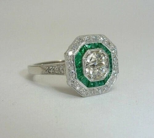 Art Deco Style Lab Created Diamond & Emerald Anniversary 14K White Gold FN Ring