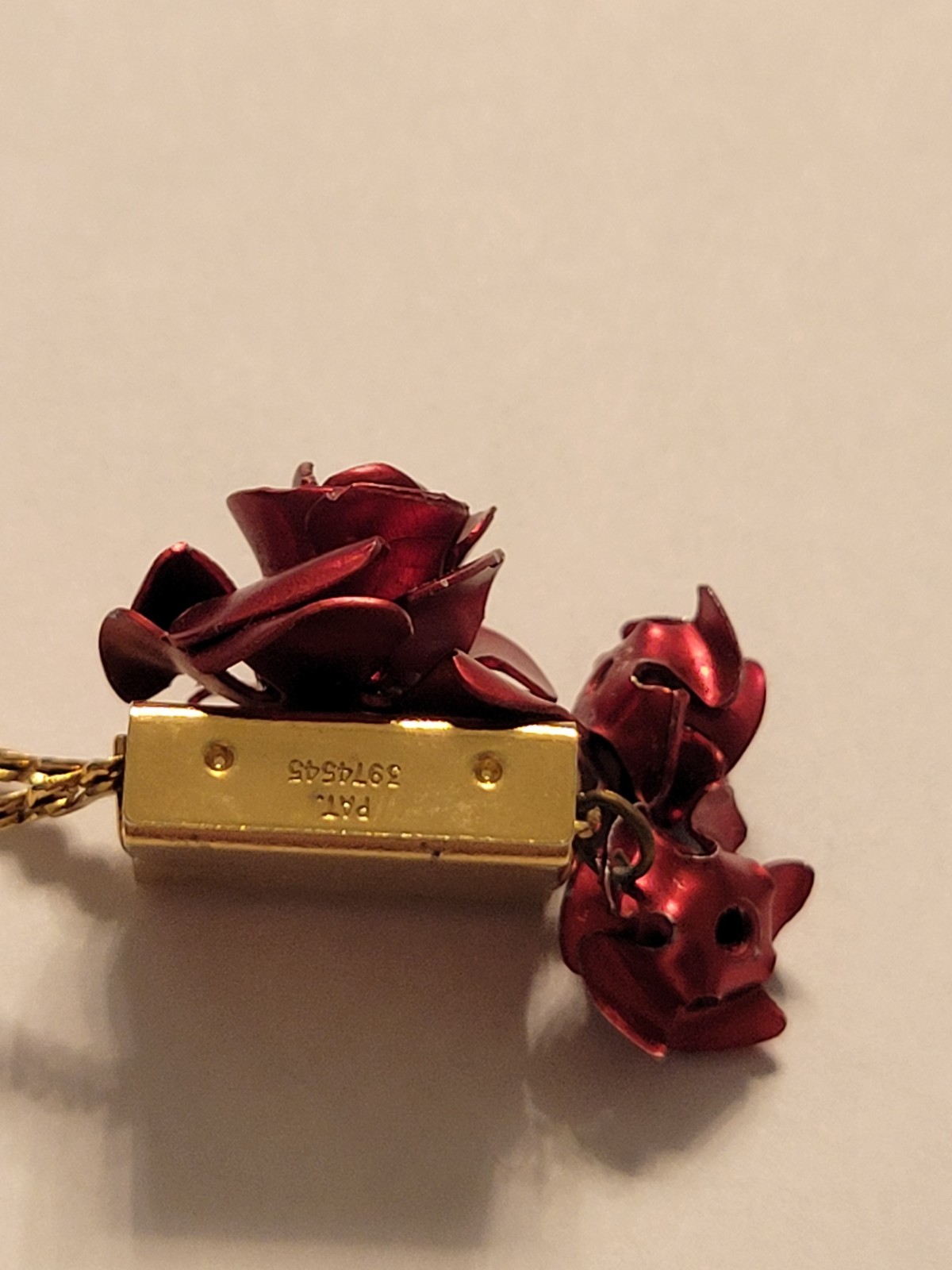 Vintage Metal Enameled RED Rose Jewelry Set Necklace & Earrings with Patent No.